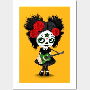 Sugar Skull Girl Playing Pakistani Flag Guitar Posters and Art